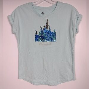 Disney Disneyland T-Shirt XL Teal/Blue Roll-Up Cap Sleeves Flip Sequins Castle